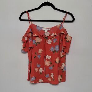 Monteau Coral Floral Cold Shoulder Ruffle Blouse Medium Button Front Top